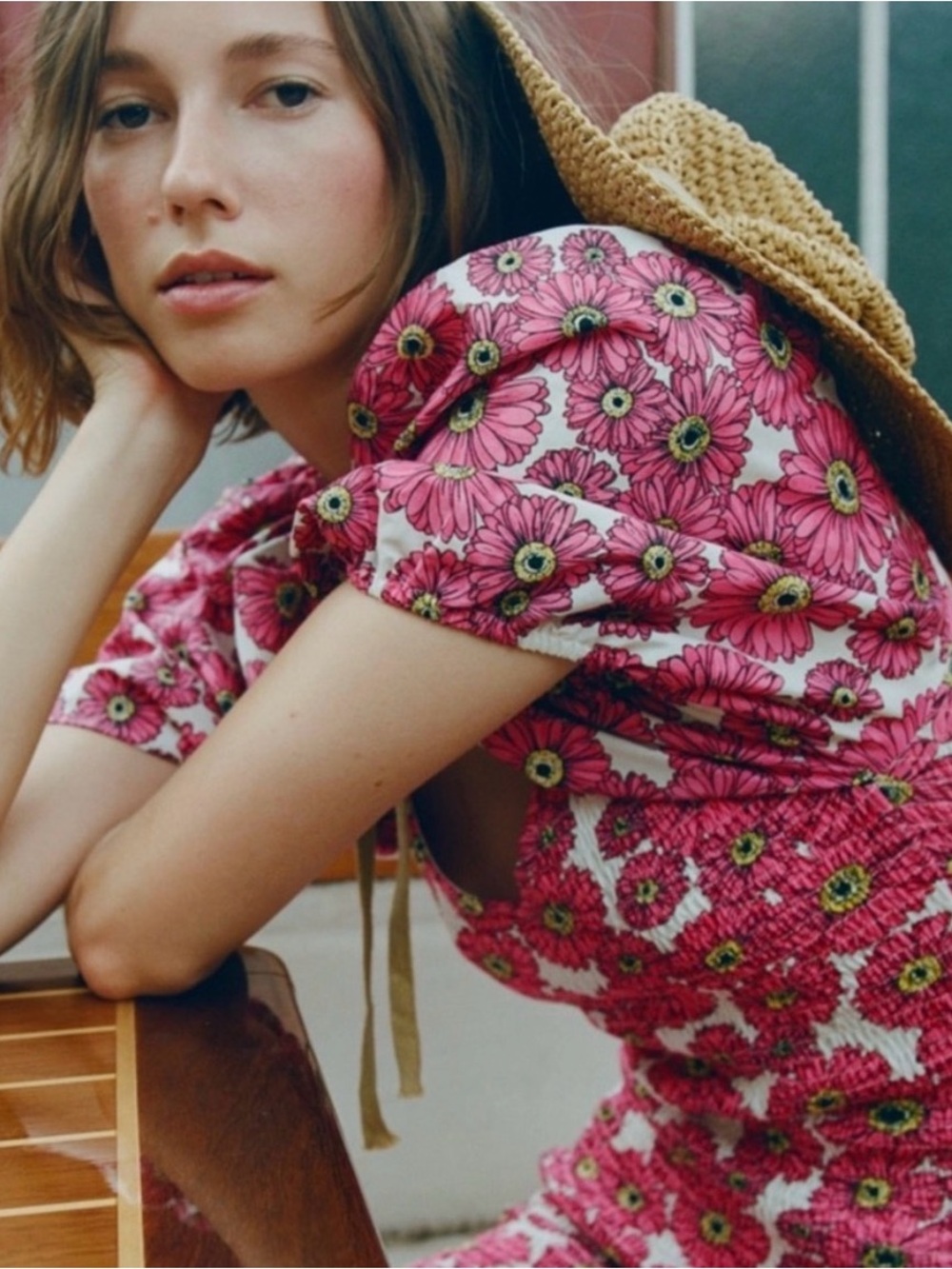 Zara Pink Floral Daisy Puff-Sleeve Smocked Mini Dress